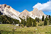 Parco Naturale Fanes-Senes-Braies. Escursione al Rifugio Fanes. Dopo il passo di Limo la strada si sviluppa verso nord e la vista si apre sulla Cima Furcia dai Fers (a sinistra). 